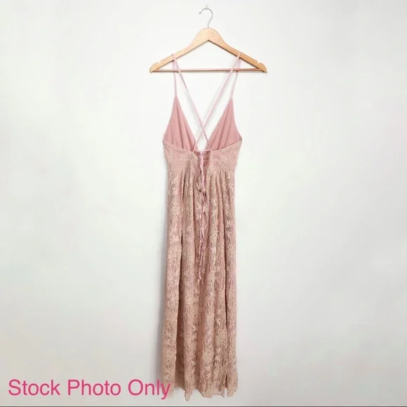 Stolen Moments Dusty Pink Lace-Up Lace Maxi Dress - Picture 6 of 14